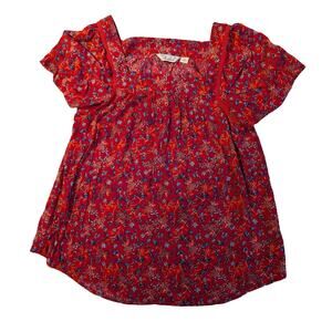 Caffé Marrakesh Square Neck Floral Boho Peasant Blouse Flutter Sleeve Red Small